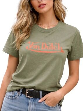 Von Dutch Y2K Olive Green Retro Women's T-Shirt Graphic Baby Boxy Crop Tee